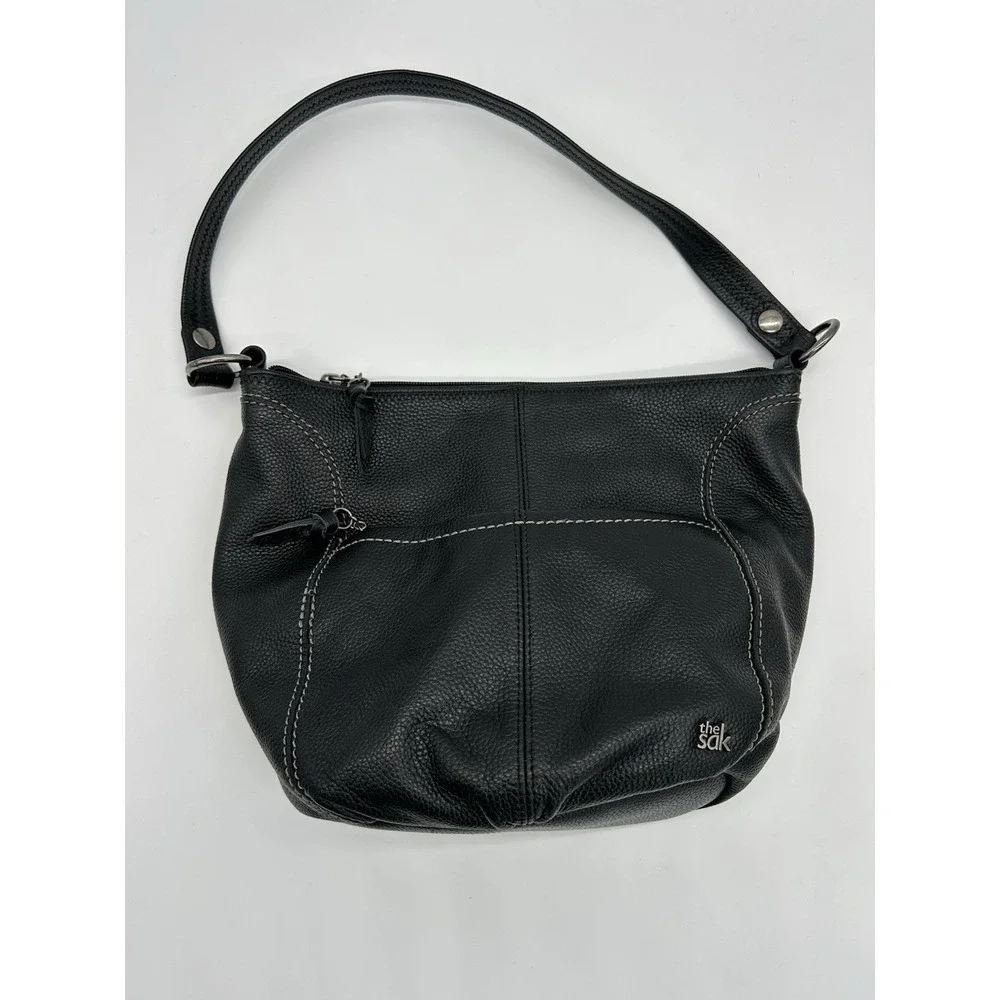 The Sak Black Leather Hobo Bag Shoulder Purse Pebbled Stitch Slouchy Medium